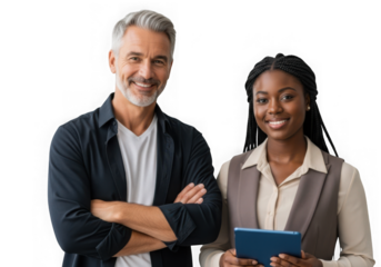 Diverse business team man and woman smiling holding tablet professional corporate isolated on transparent background