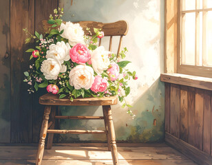 Elegant Bouquet of Flowers on Wooden Chair in Sunlit Room