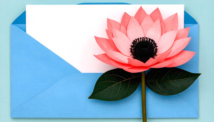 Blooming Flower resting on blue envelope with blank letter paper