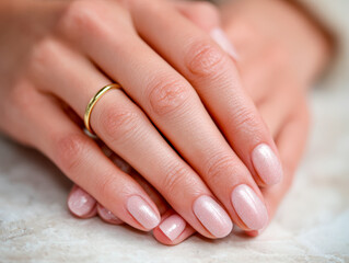 Fototapeta premium Elegant hand with polished nails and a gold ring on the finger