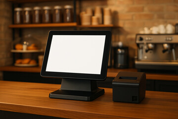 A modern point-of-sale system with a blank screen sits on a wooden counter.