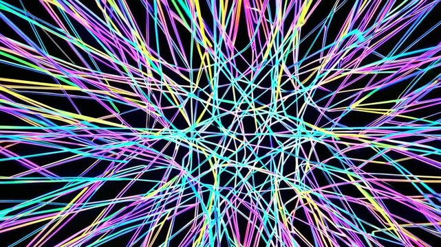 Abstract multilayer symmetrical mesh with flowing lines and over one hundred vibrant color bands on a black background.

