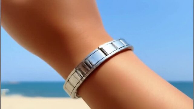 Titanium bracelet on hand with beach background