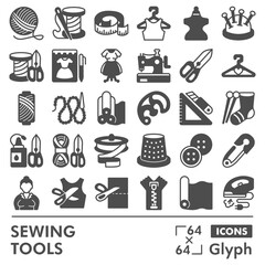 Fototapeta premium Sewing and knitting tools symbols collection or sketches, sewing theme in glyph style signs for web and app. Vector graphics isolated on white background.
