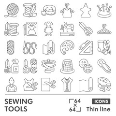 Sewing and knitting tools symbols collection or sketches, sewing theme in thin line style signs for web and app. Vector graphics isolated on white background.