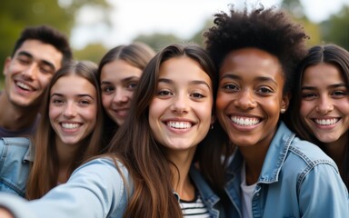 Multiracial friends taking big group selfie shot smiling at camera -Laughing young people standing outdoor and having fun - Cheerful students portrait outside school - Human resources concept..