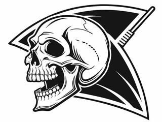 Detailed black and white skull graphic design with tribal-inspired embellishments.