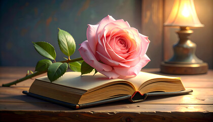A Pink Rose Tucked Beside a Book on a Wooden Table with Lamp Light