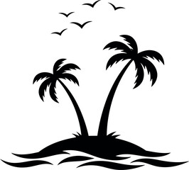 Tropical island silhouette palm trees ocean waves