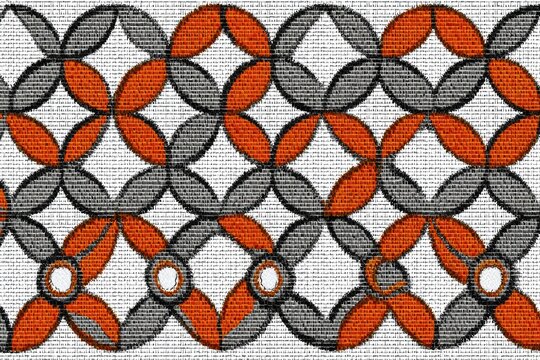 Geometric pattern of interlocking circles and diamonds in orange and gray - Powered by Adobe