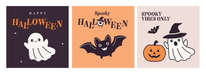 Happy Halloween hand-drawn vector set showcases adorable doodle-style characters:a ghost, pumpkin, and bat.Ideal for banners, web, posters, or concepts—a cheerful design with spooky Halloween charm! 
