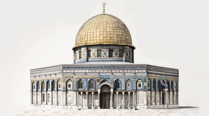 Obraz premium Front view of a golden-domed mosque. Ornate stonework and arches