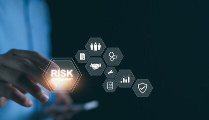 Naklejka premium Risk manage, Business risk assessment. Business manager assess investment, Safety control risk. Reduce crisis opportunity for financial investment, projects, plan. business analysis