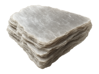 Stack of natural mica sheets showing layered texture and translucent properties on transparent background.