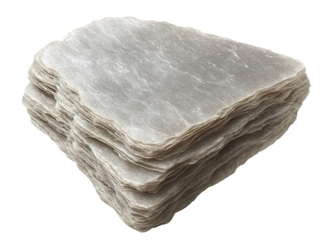 Stack of natural mica sheets showing layered texture and translucent properties on transparent background.