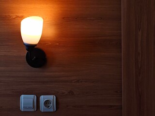 Warm Wall Sconce Glows Above Switch and Outlet on Wood Paneling.