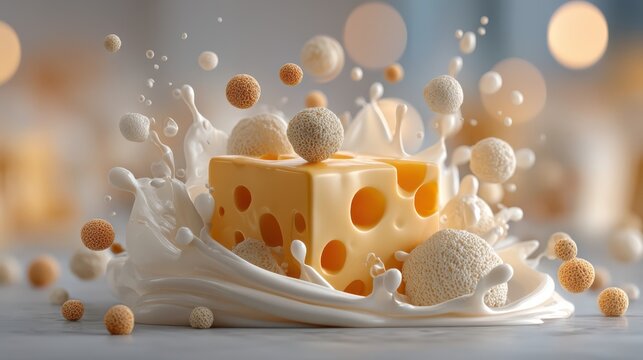 A vibrant splash of milk surrounds a block of cheese, with floating spheres adding a playful touch to this culinary scene.