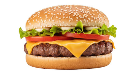 Delicious cheeseburger with sesame seed bun isolated on transparent background