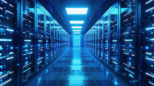 Modern Data Technology Center Server Racks Working in Well-Lighted Room. Concept of Internet of Things, Big Data Protection, Storage, Cryptocurrency Farm