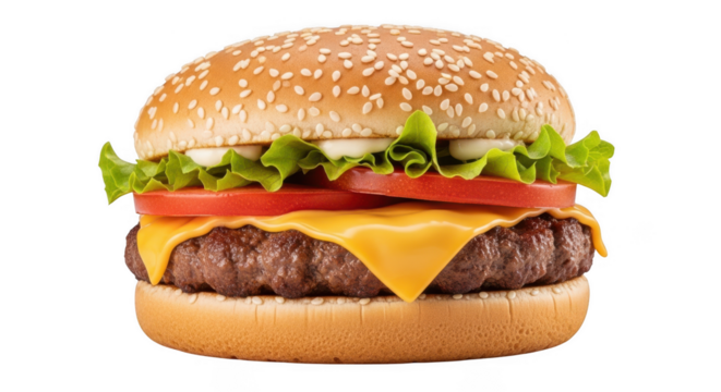 Delicious cheeseburger with sesame seed bun isolated on transparent background