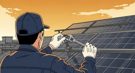 A technician in a cap and gloves installs solar panels on a rooftop at sunset.