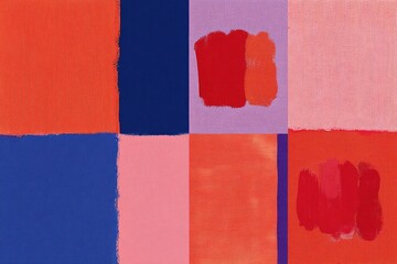 Abstract grid of vibrant, overlapping squares in red, orange, pink, and blue hues