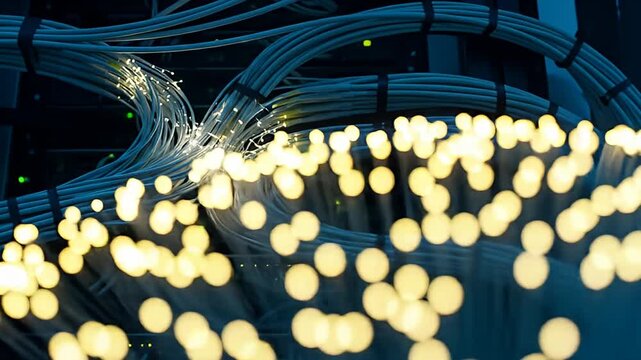 Tight bundles of blue cables emit blurred spots of light, against dark background - Powered by Adobe