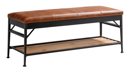 Rustic leather bench with metal frame and storage shelf
