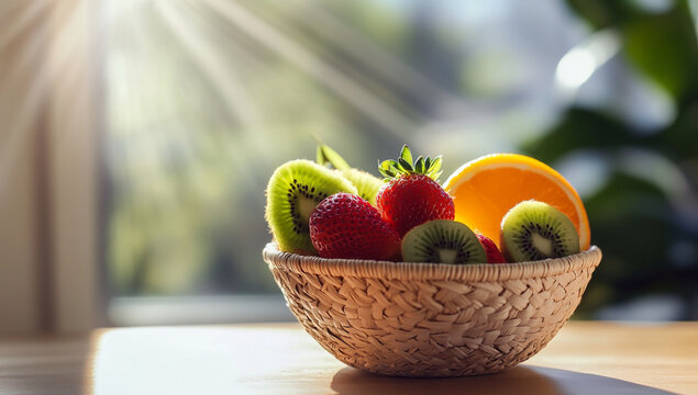 Wicker bowl filled with fresh strawberries kiwi and orange slices in sunlight fruit - Powered by Adobe
