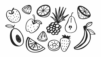 Whimsical hand drawn fruit collection in black and white