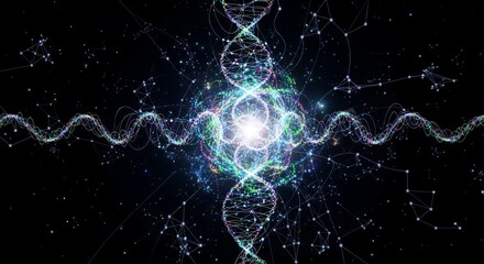 Naklejka premium Abstract glowing DNA helix and interconnected network of light particles in dark space.