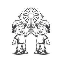 Two boys celebrating with fireworks children friends