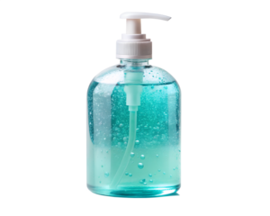 Bottle of blue hand sanitizer gel with pump dispenser isolated on transparent background
