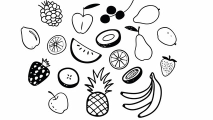 Hand drawn collection of various fruits in black and white