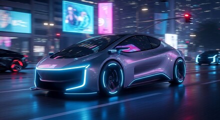Futuristic electric car with neon lights driving through a vibrant city at night.