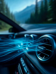Futuristic motion effect inside a car with scenic mountain view in the background