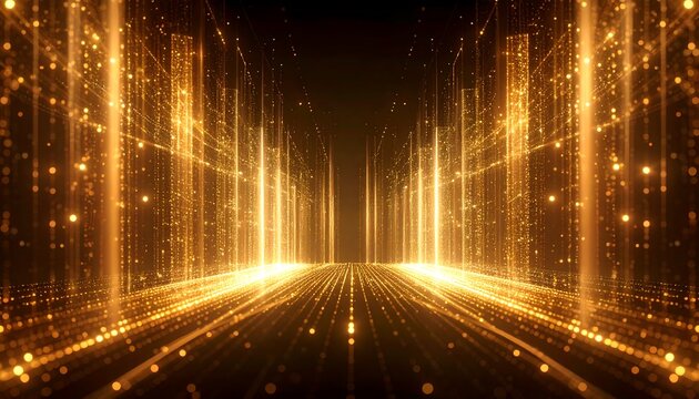 Abstract Golden Light Tunnel with Dotted Lines Perspective