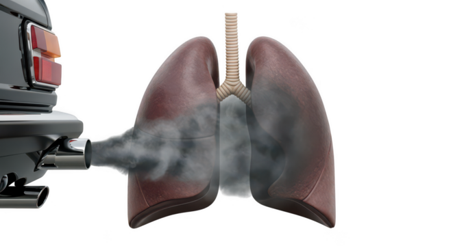 Car exhaust fumes entering human lungs isolated on transparent background