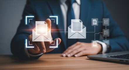 Businessman interacting with digital documents and data on a screen
