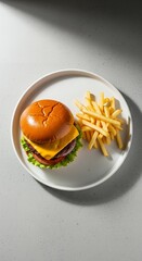 Classic cheeseburger with golden french fries on a white plate, top view.