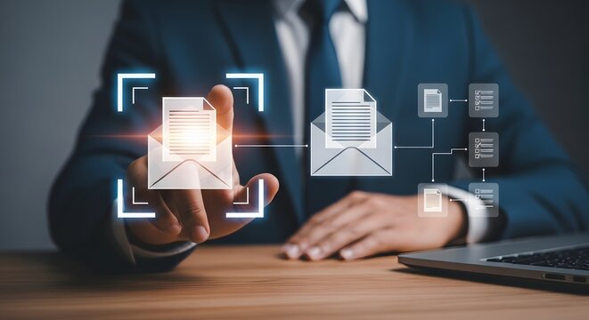 Businessman interacting with digital documents and data on a screen