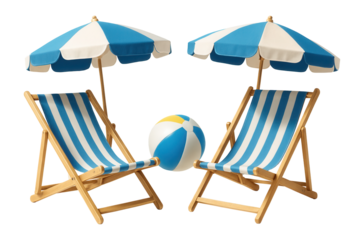 Two wooden deck chairs with blue and white striped fabric, two matching beach umbrellas, and a colorful beach ball on transparent background.