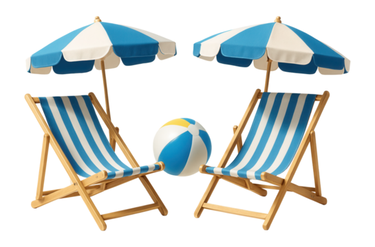 Two wooden deck chairs with blue and white striped fabric, two matching beach umbrellas, and a colorful beach ball on transparent background.