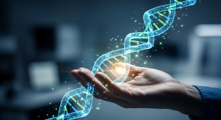 A hand holding a glowing, futuristic DNA helix, representing genetic research and biotechnology.