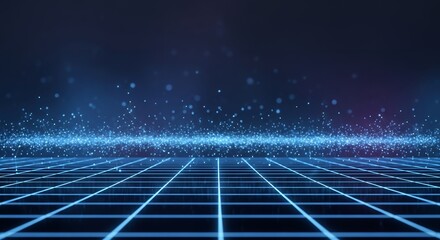 Abstract blue grid and glowing particles representing digital data and technology background.