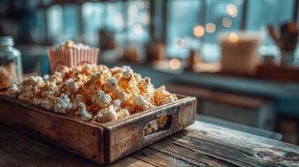 A rustic wooden tray filled with delicious popcorn, with a background of soft, glowing lights, creating a cozy, inviting atmosphere.