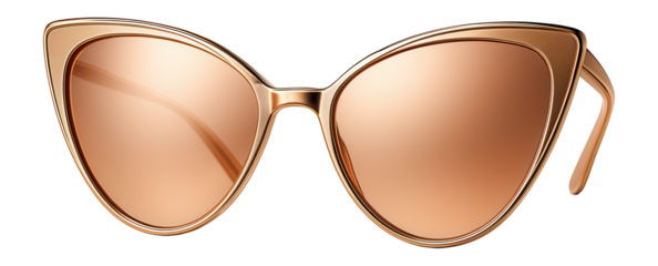 Stylish cat-eye sunglasses with rose gold lenses and frames on transparent background.