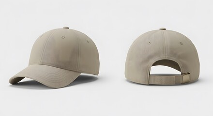 Beige Baseball Cap Mockup: Front and Back Views, Isolated on White.