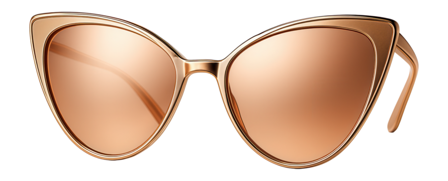 Stylish cat-eye sunglasses with rose gold lenses and frames on transparent background.