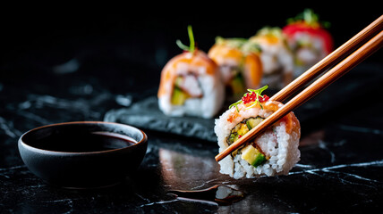Japanese sushi roll lifted with chopsticks over dark plate